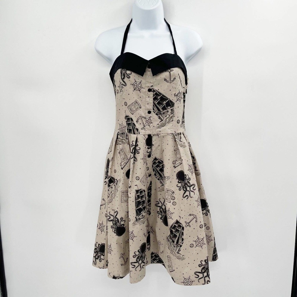 Black and Tan Nautical Print Halter Dress